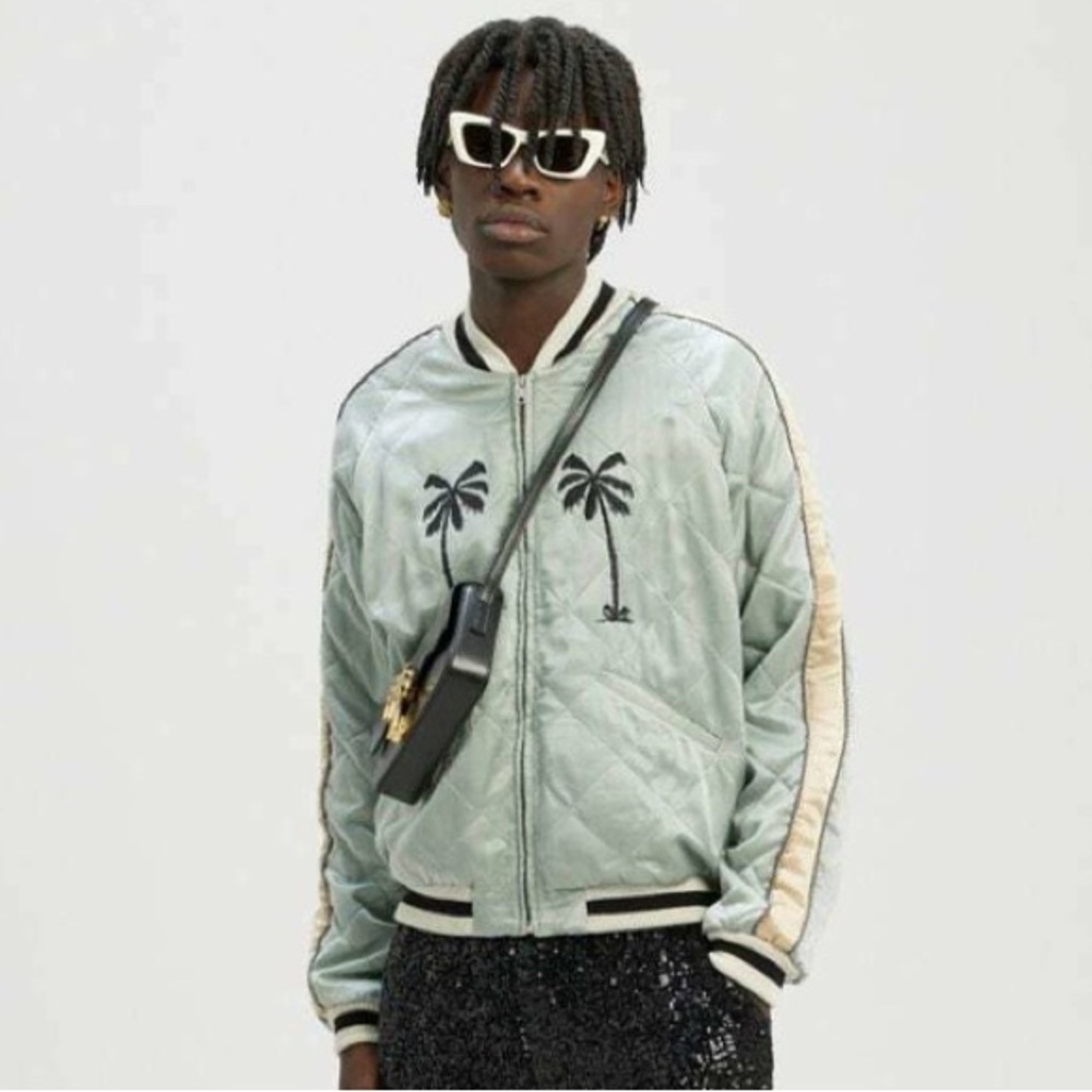 NWT Palm Angels Life is Pain Palm Embroidered Quilted Satin Bomber Jacket Size M